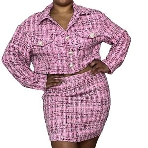 Pink Plaid SHEIN Privé Plus Tweed Jacket & Skirt